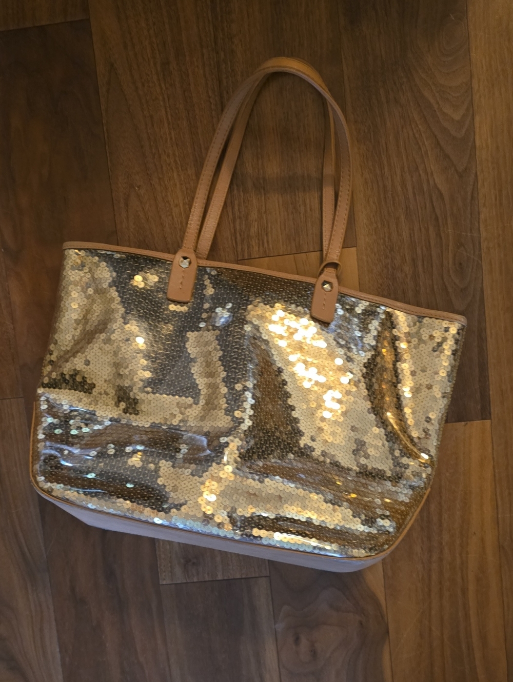henri bendel Gold Sequin Tote with Tan Straps